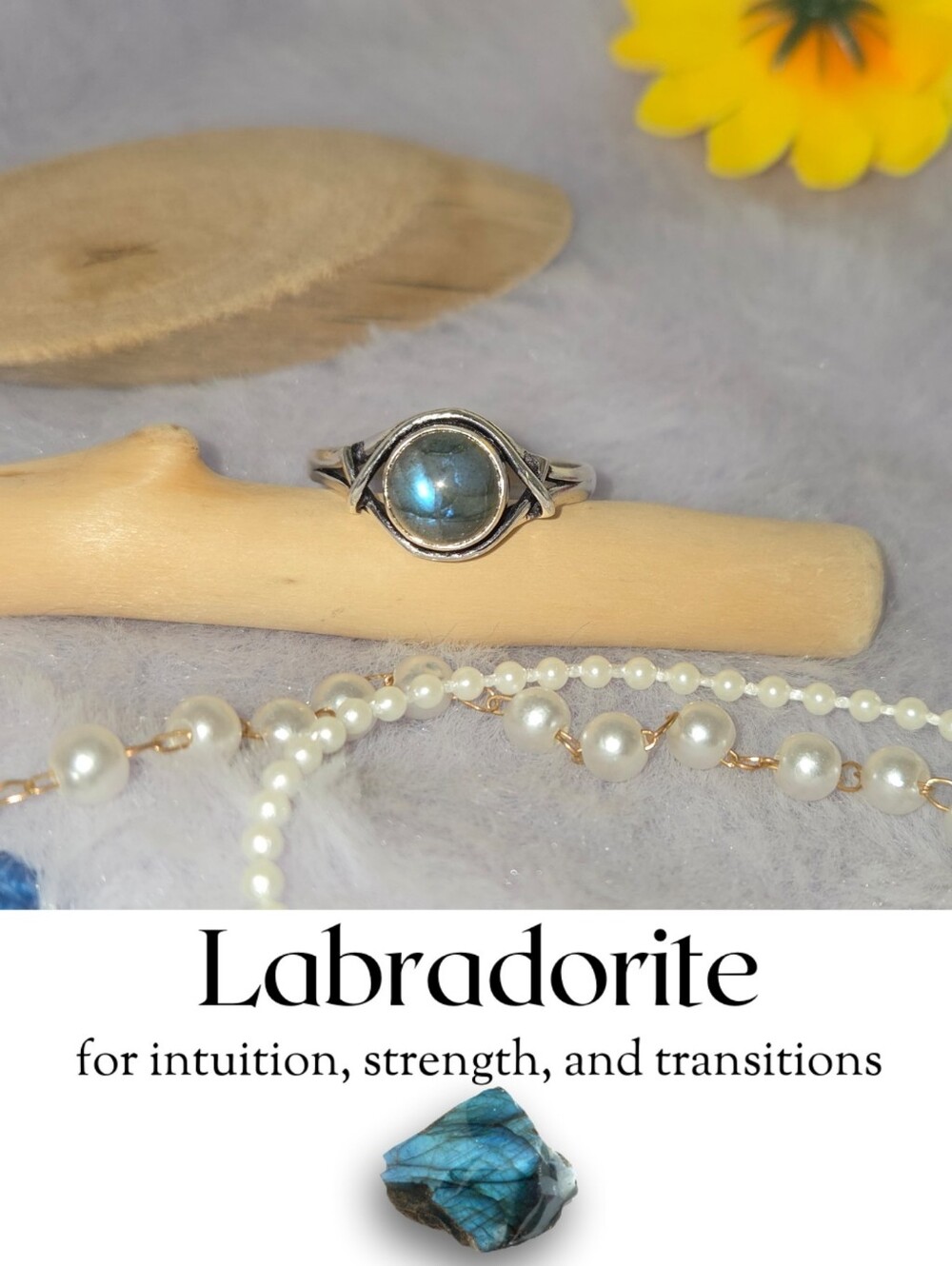 Tiny Labradorite Gemstone Unique Handmade Halo Ring Boho Engagement - Picture 4 of 7